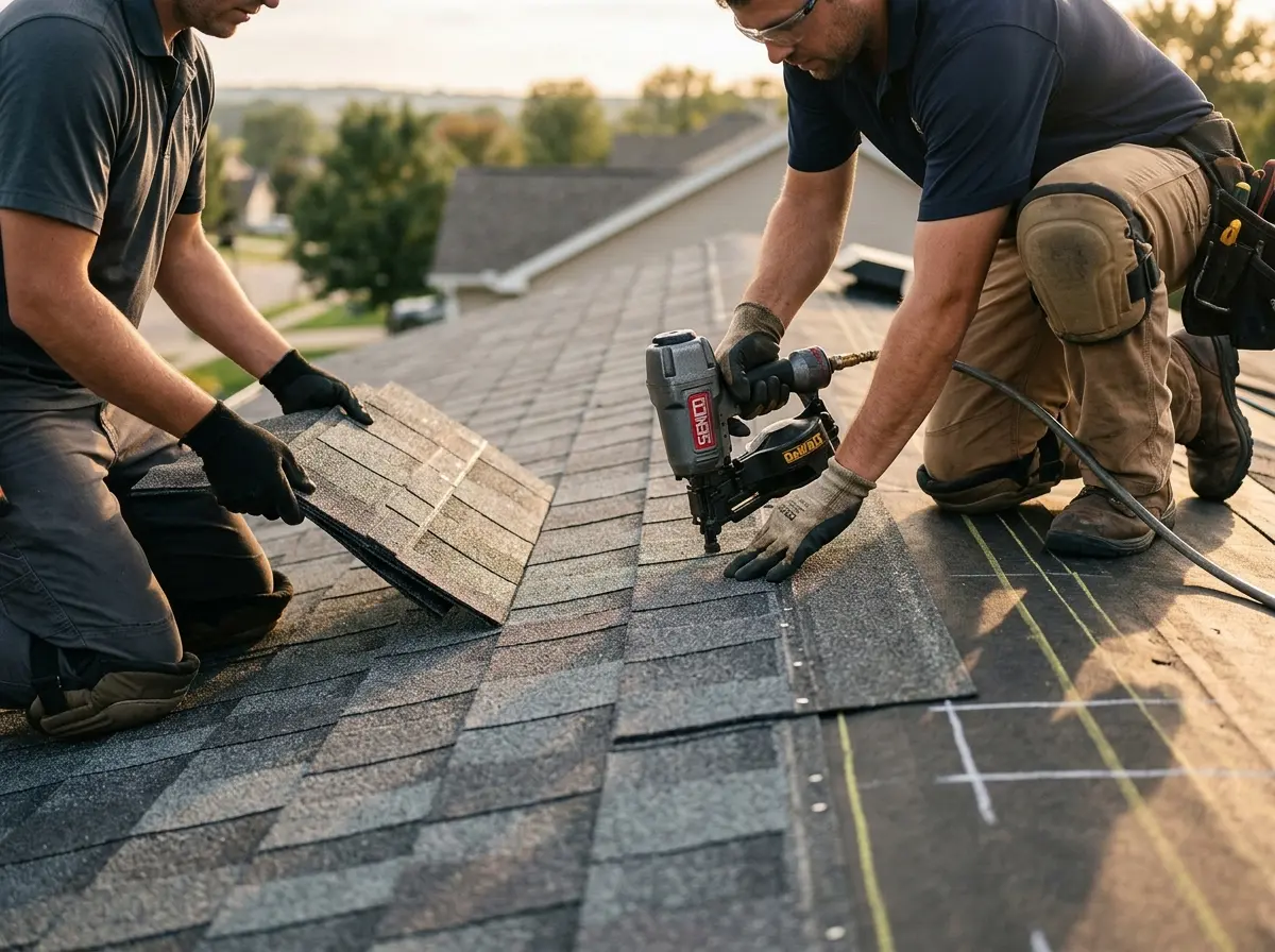 Professional roofer working on a residential roof in Pequannock
